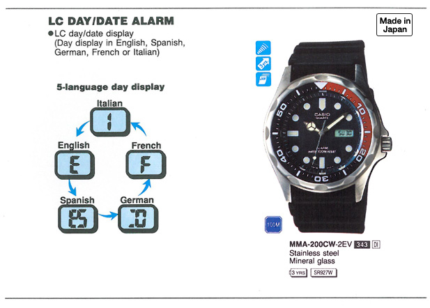 Timepiece, LC Day, Date Alarm, 5-language, Stainless steel, Mineral glass, MMA-200CW-2EV, Module343, Made in Japan