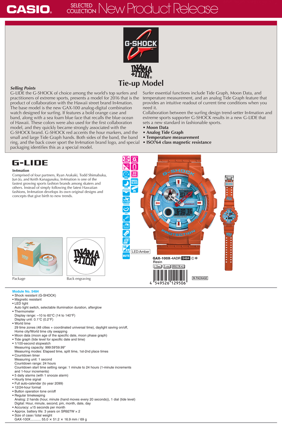 G-SHOCK, G-LIDE, IN4MATION, Tie-up, Hawaii, surfing, Moon data, Analog Tide Graph, temperature, ISO764, Magnetic, GAX-100X-4A