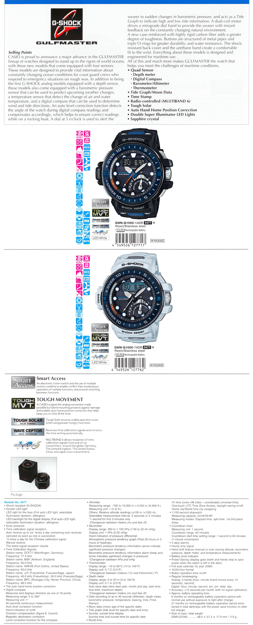 G-Shock, GULFMASTER, Quad Sensor, Depth meter, Compass, Barometer, Thermometer, Tide Graph, GWN-Q1000-1A, GWN-Q1000-7A