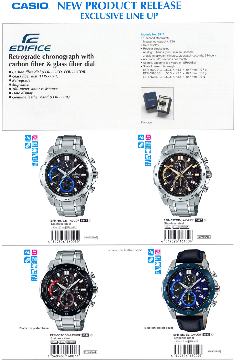 Edifice, Retrograde chronograph, carbon fiber, glass fiber dial, EFR-557CD-1AV, EFR-557CD-1A9V, EFR-557CDB-1AV, EFR-557BL-2AV