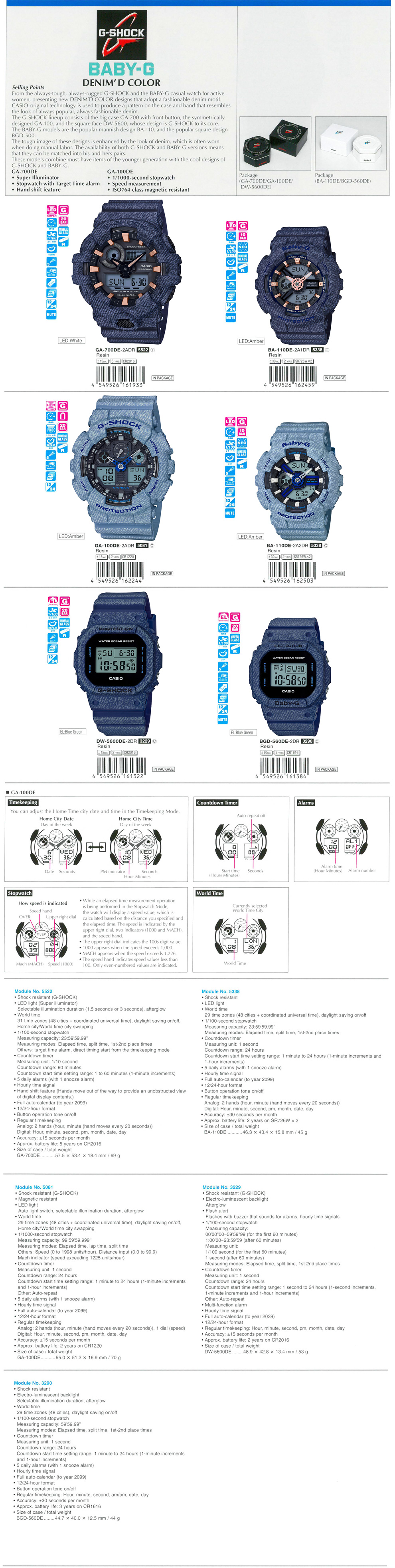 G-SHOCK, BABY-G, DENIM'D COLOR, his-and-hers pairs, fashionable, younger, cool designs, GA-700DE-2A, BA-110DE-2A1, GA-100DE-2A, BA-110DE-2A2, DW-5600DE-2, BGD-560DE-2