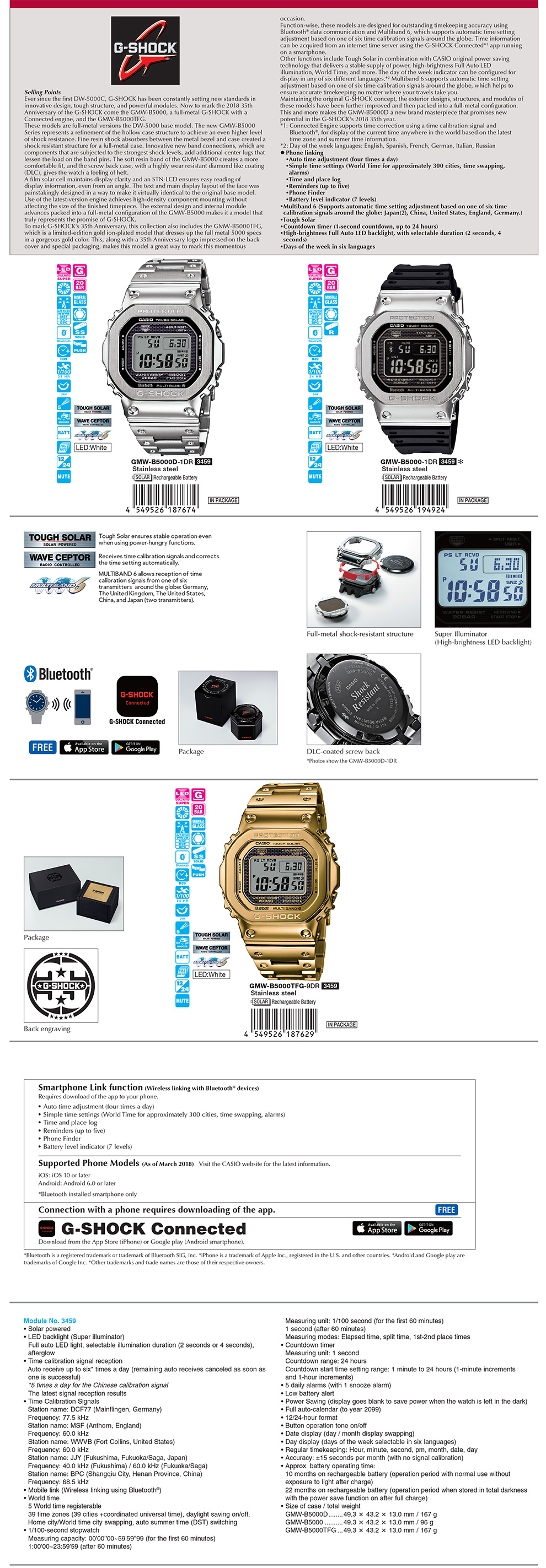 G-SHOCK, First, DW-5000C, 35th Anniversary, phone linking, multiband6, Tough Solar, GMW-B5000D-1, GMW-B5000-1, GMW-B5000TFG-9