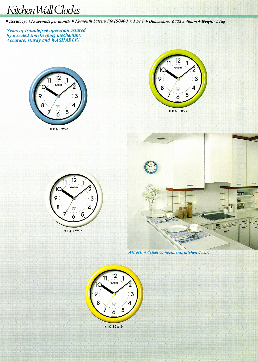 Clocks, Wall, Kitchen, Sturdy, Washable, IQ-17W-2, IQ-17W-3, IQ-17W-7, IQ-17W-9