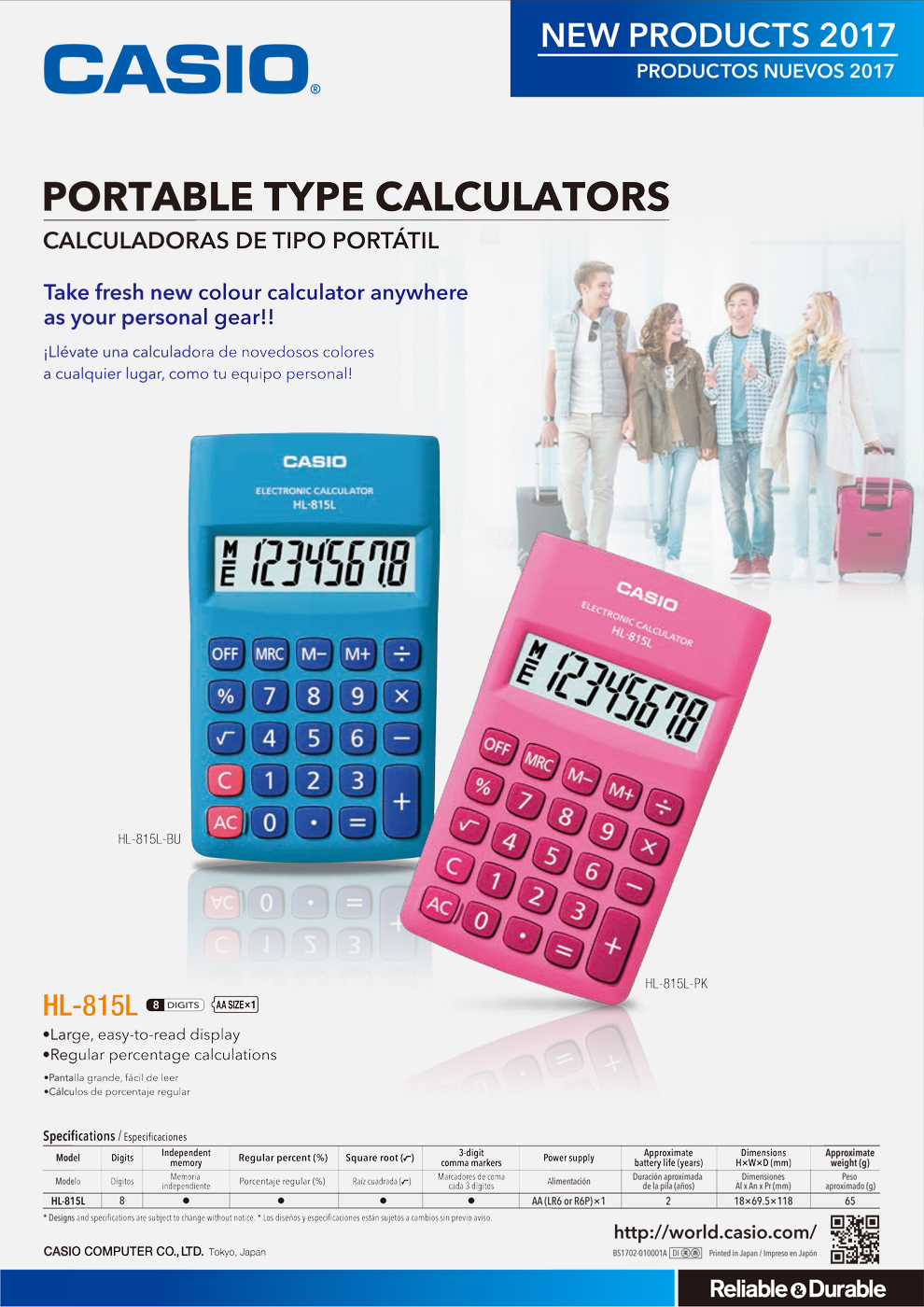 Calculator, Portable Type, Personal, Large, easy-to-read display, 8digits, HL-815L-BU, HL-815L-PK