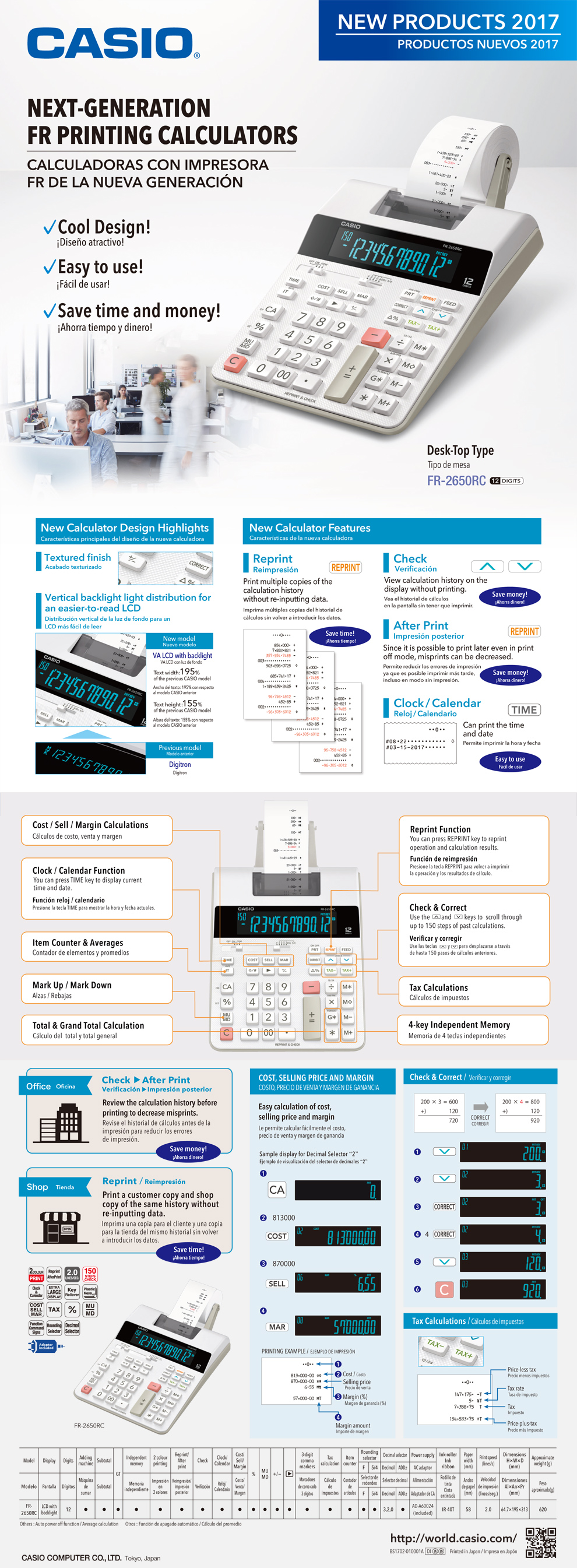 Calculator, Printing, Desk-Top Type, LCD, Reprint, clock, calendar, Tax, 12digits, FR-2650RC