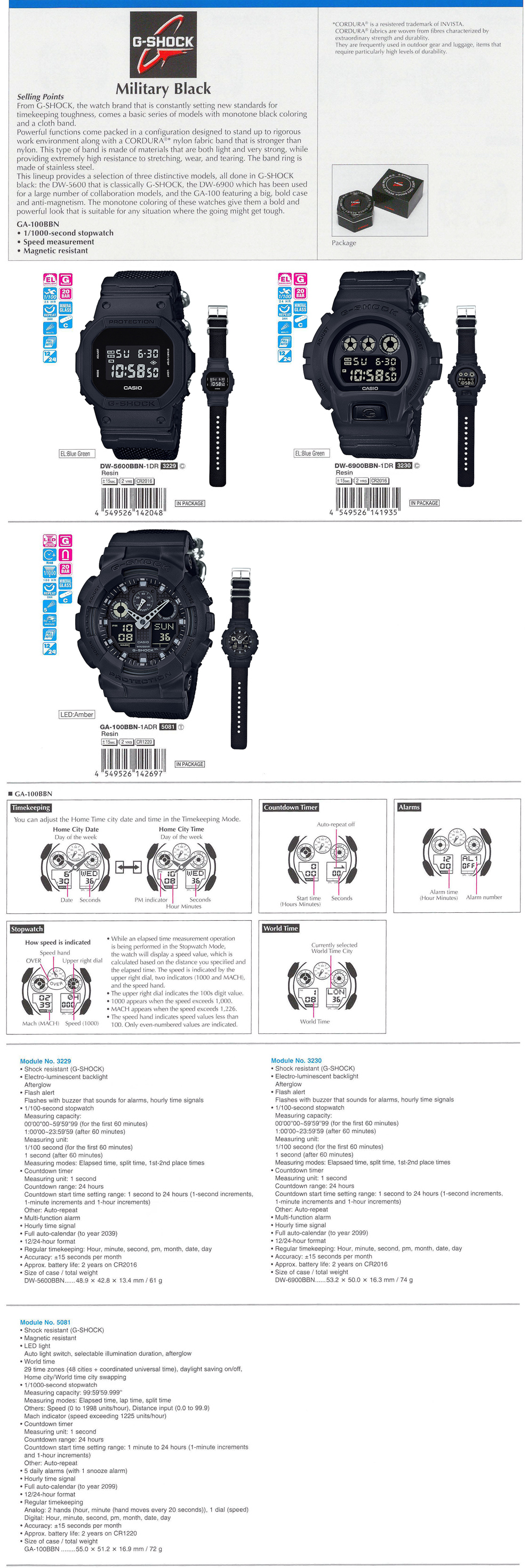 G-SHOCK, Military Black, CORDURA, nylon fabric band, Magnetic resistant, monotone black, DW-5600BBN-1, DW-6900BBN-1, GA-100BBN-1A