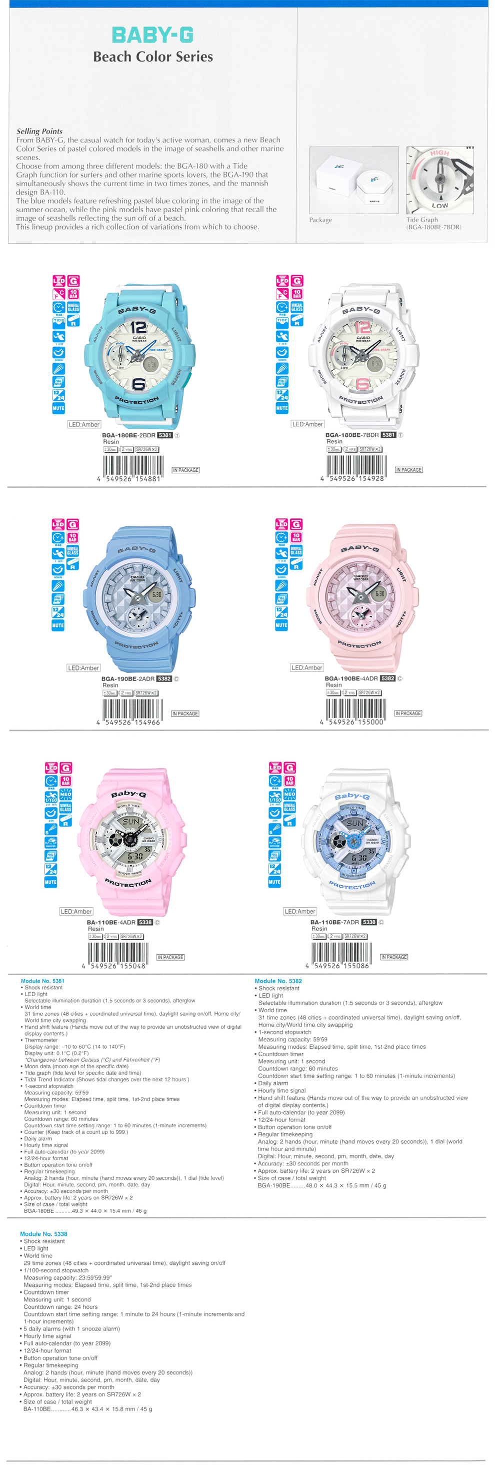 BABY-G, Beach Color Series, casual, sports lovers, summer ocean, seashell, BGA-180BE-2B, BGA-180BE-7B, BGA-190BE-2A, BGA-190BE-4A, BA-110BE-4A, BA-110BE-7A