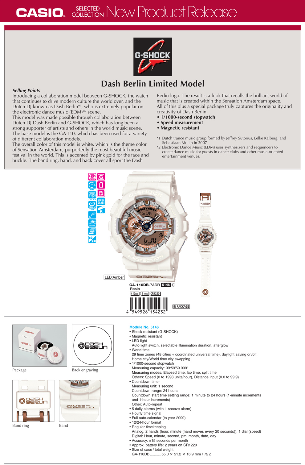 G-Shock, Dash Berlin Limited Model, Speed Measurement, Magnetic resistant, Dutch, electronic dance music, EDM, GA-110DB-7A