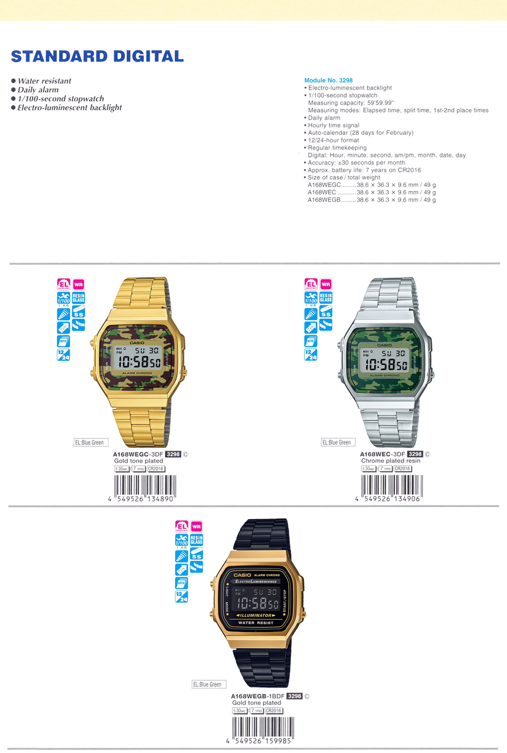 Standard Digital, Camouflage, Water resistant, Daily alarm, 1/100-second stopwatch, electro-luminescent backlight, A168WEGC-3, A168WEC-3, A168WEGB-1B, A-168WEGC-3, A-168WEC-3, A-168WEGB-1B