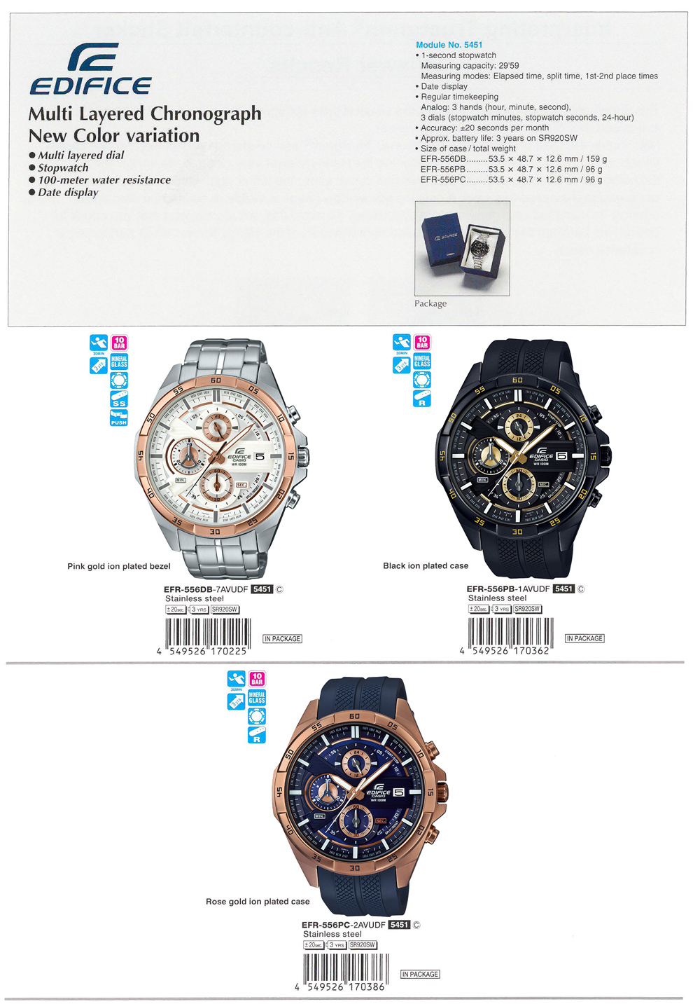 Edifice, Multi Layered Chronograph, New color variation, 100-meter water resistance, EFR-556DB-7AV, EFR-556PB-1AV, EFR-556PC-2AV