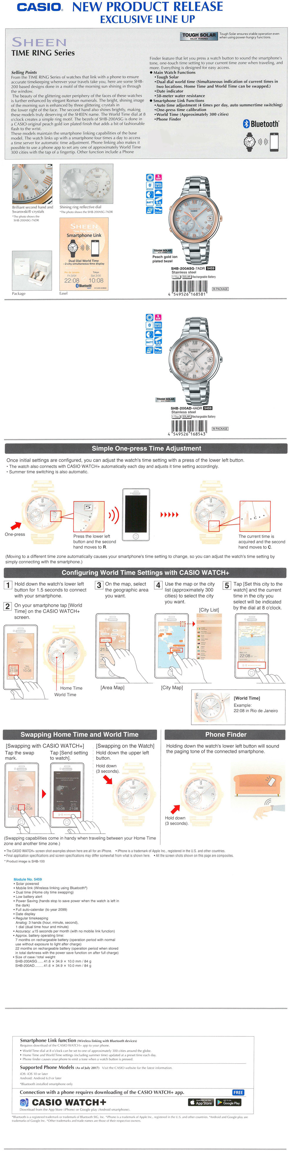 SHEEN, TIME RING Series, Bluetooth, Smartphone link, Dual dial world time, 2-city simultaneous time display, tough solar, Swarovski crystals, 50M water resistance, SHB-200ASG-7A, SHB-200AD-4A