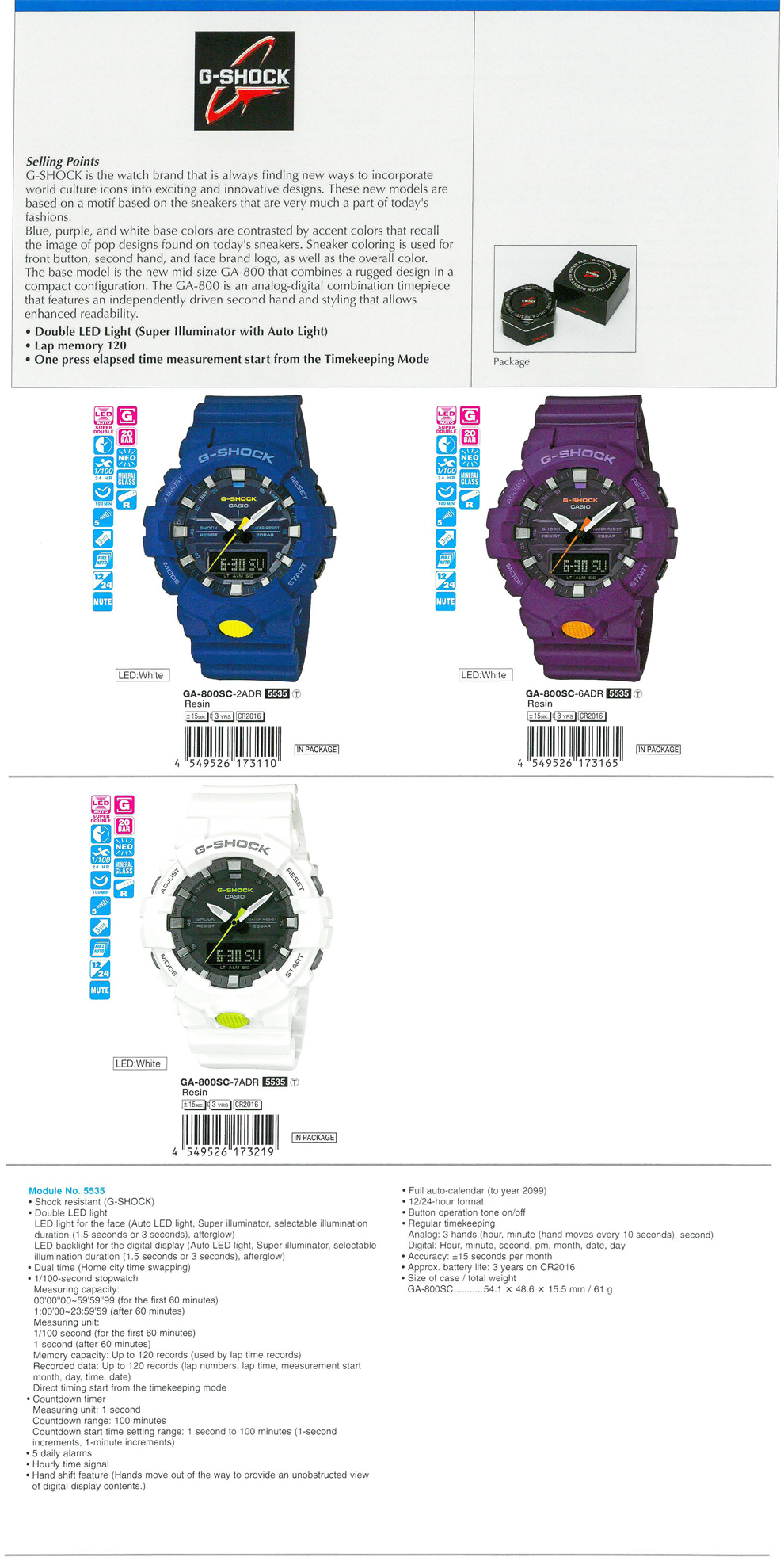 G-SHOCK, Sneakers fashions, exciting, innovative designs, rugged design, double LED light, Lap memory 120, GA-800SC-2A, GA-800SC-6A, GA-800SC-7A