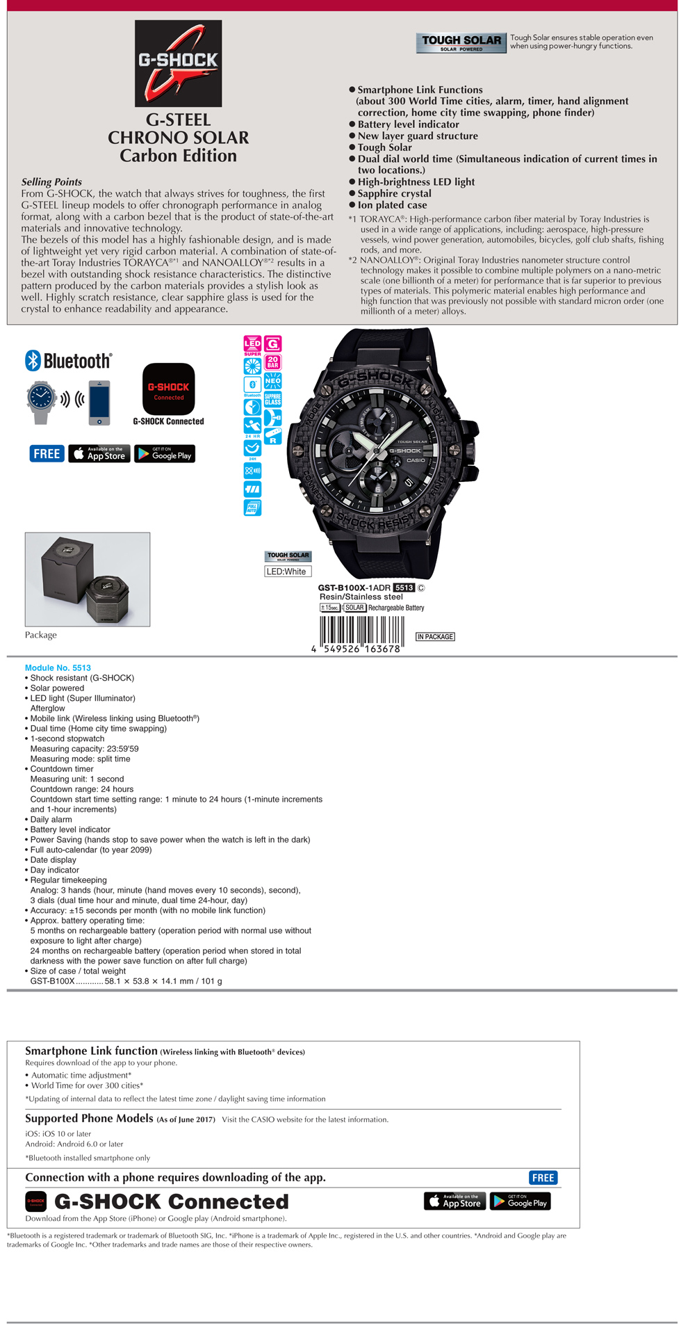 G-SHOCK, G-STEEL, CHRONO SOLAR, CARBON Edition, Bluetooth, Tough Solar, smartphone link, G-SHOCK Connect App, chronograph, GST-B100X-1A