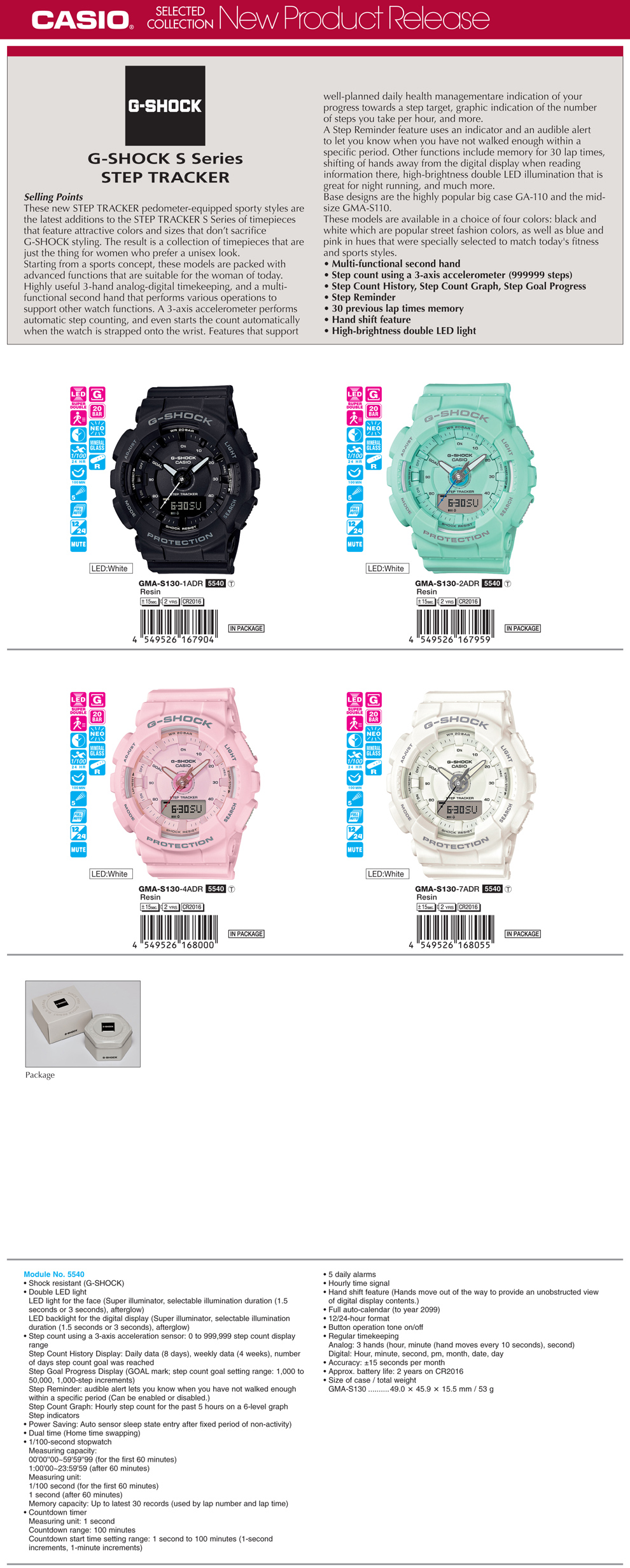 G-SHOCK, S Series, STEP TRACKER, Step count, step reminder, step reminder, 3-axis accelerometer, hand shift feature, GMA-S130-1A, GMA-S130-2A, GMA-S130-4A, GMA-S130-7A