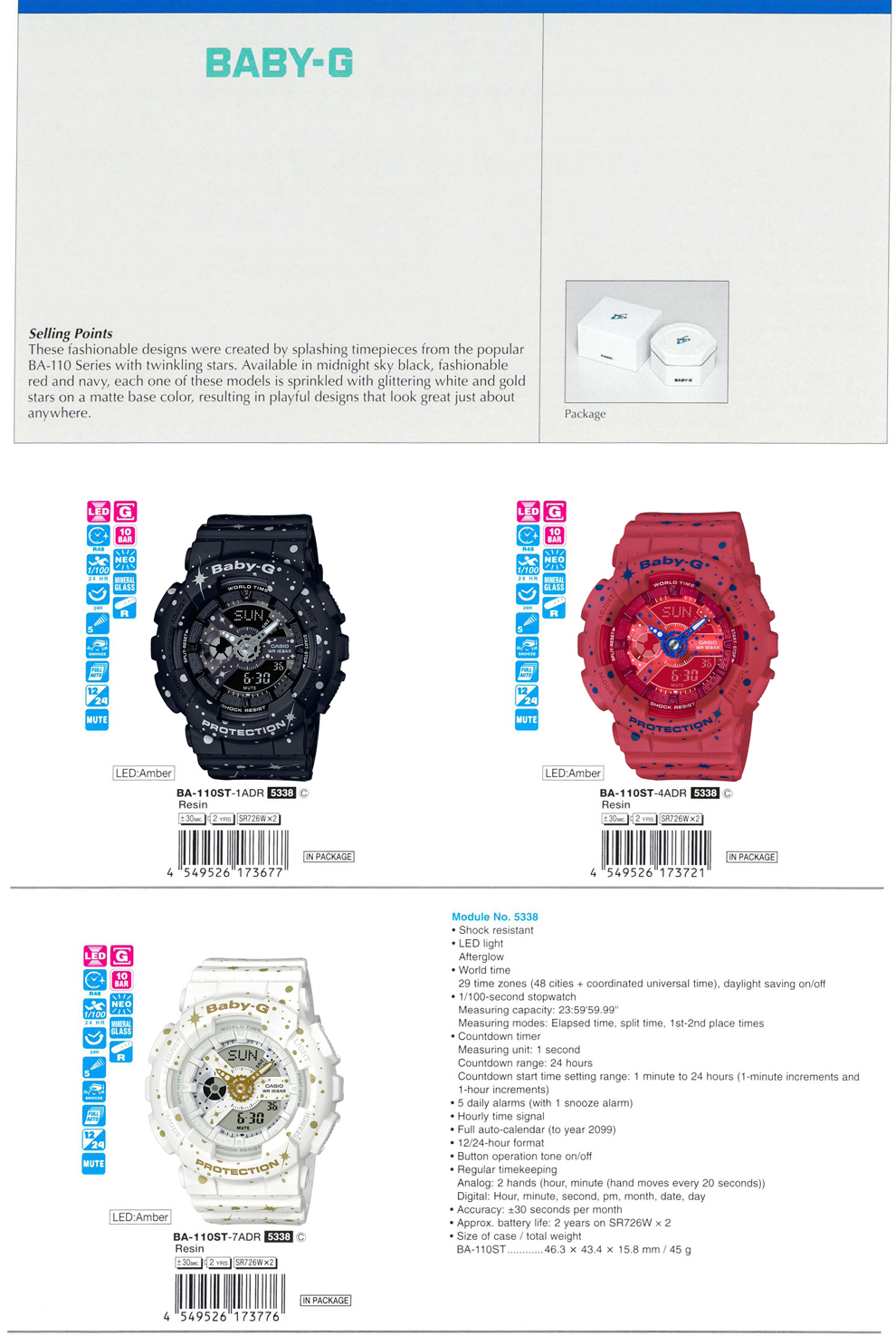 BABY-G, Splashing, twinkling stars, fashionable design, playful, BA-110ST-1A, BA-110ST-4A, BA-110ST-7A