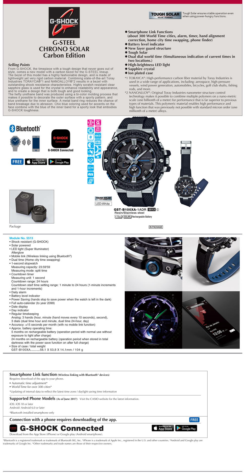 G-SHOCK, G-STEEL, CHRONO SOLAR, Carbon, Torayca, Nanoalloy, Bluetooth, smartphone, sapphire crystal, GST-B100XA-1A