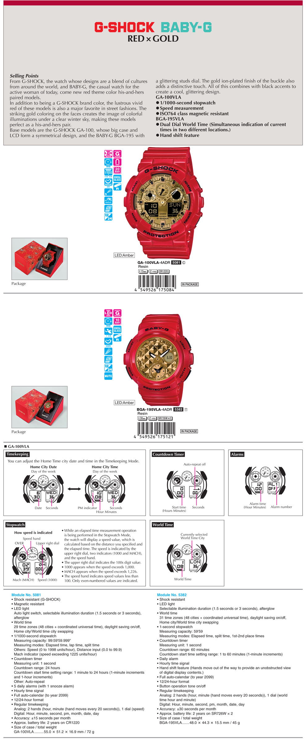 G-SHOCK, BABY-G, REDxGOLD, casual, his-and-hers, paired models, street fashion, symmetrical design, IOS764, hand shift feature, GA-100VLA-4A, BGA-195VLA-4A