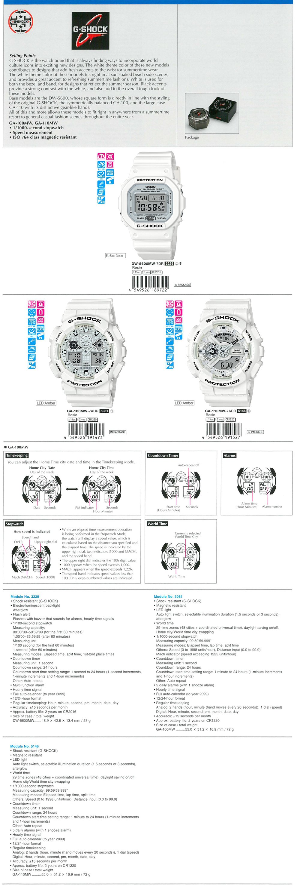 G-SHOCK, Speed measurement, ISO764, gear-like, summertime, resort, casual fashion, DW-5600MW-7, GA-100MW-7A, GA-110MW-7A