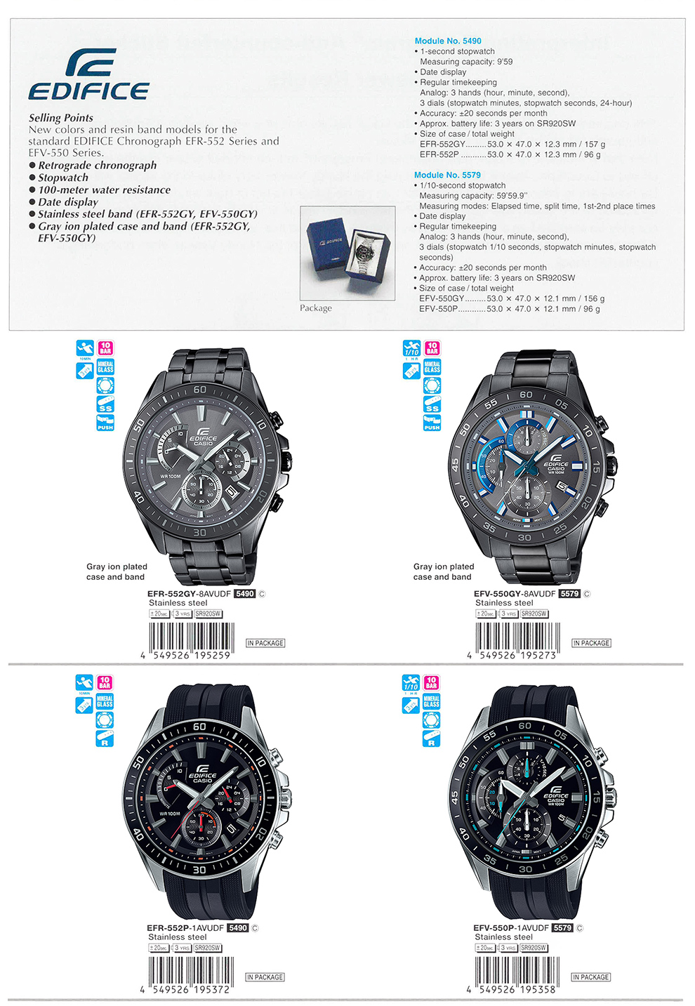 EDIFICE, Retrograde Chronograph, Gray ion-plated, EFR-552GY-8AV, EFV-550GY-8AV, EFR-552P-1AV, EFV-550P-1AV