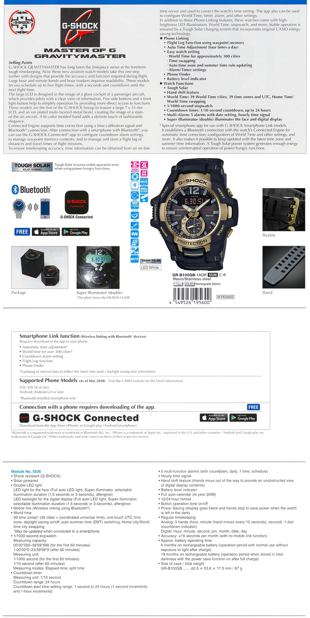 G-Shock, MasterofG, Gravitymaster, Bluetooth, Tough Solar, Super Illuminator, GR-B100GB-1A