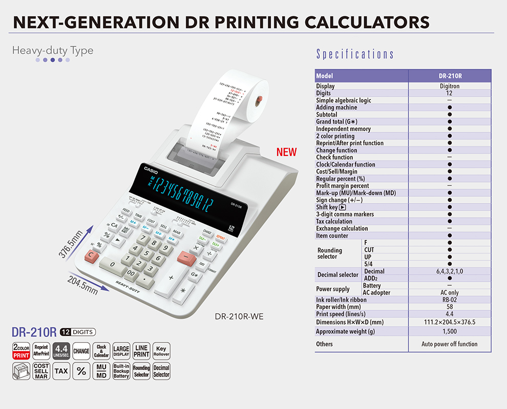 Calculators, Printing, Heavy-duty, Reprint, 2colorprint, clock, calendar, 12digits, DR-210R-WE