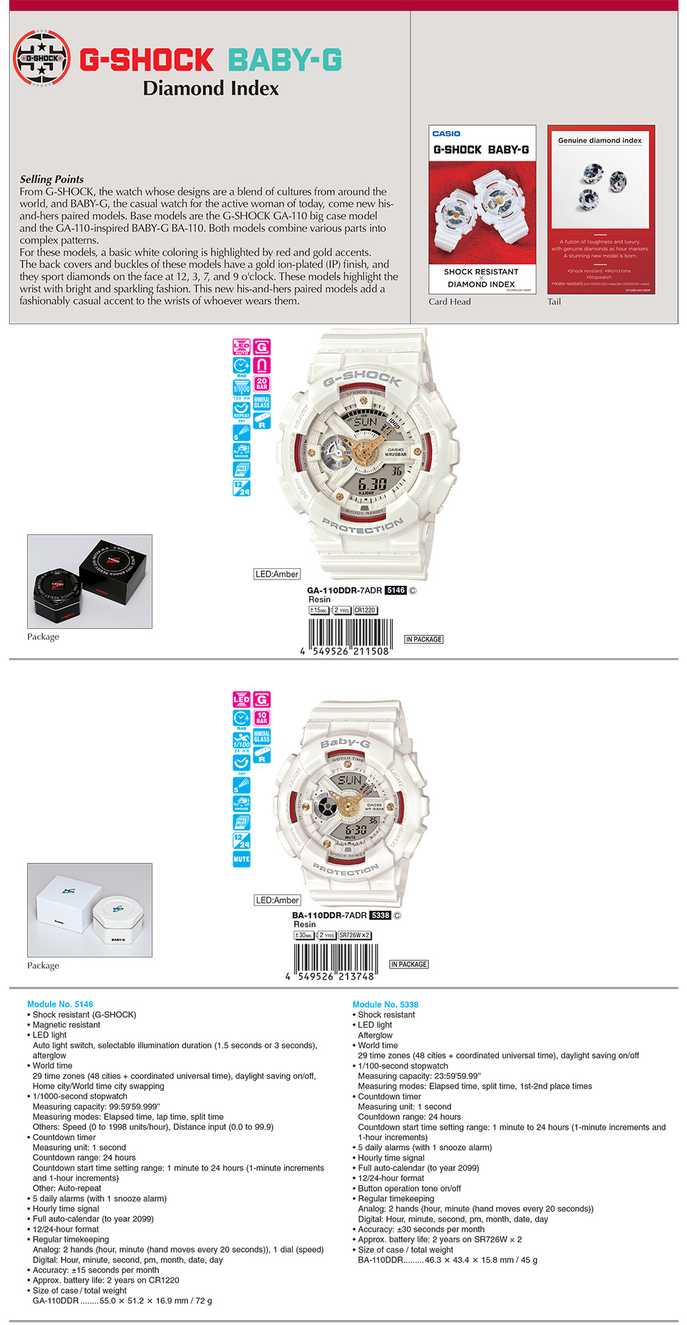 G-SHOCK, BABY-G, Diamond Index, his-and-hers paired model, sparkling fashion, GA-110DDR-7A, BA-110DDR-7A